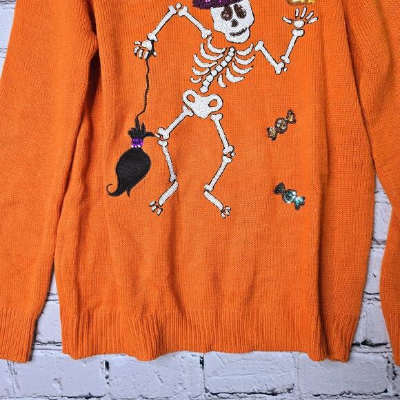 Halloween Poof Skeleton Witch Sequin Long Sleeve Crew Neck Knit Sweater Small - Picture 3 of 10